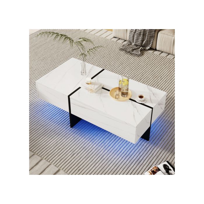 Table Basse - MUVOE - Imitation Marbre Blanc - Éclairage LED - 3 Tiroirs - 100x50x34.5 Cm