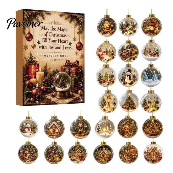 Christmas Advent Calendar Calendar, Acrylic 2D Flat Crystal Ball Pendants with Lanyard, Surprise Gifts 24 Day Tree Hanging Ornament for Home