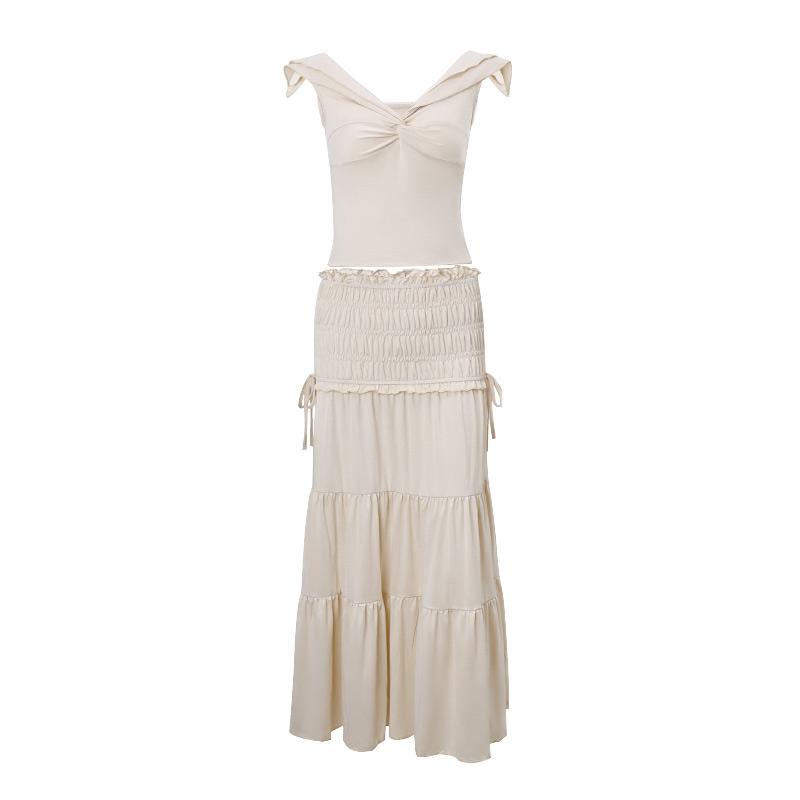 

Сексуальный комплект из 2 предметов для женщин, комплекты с укороченным топом и юбкой, модные летние наряды для женщин, пляжные наряды с оборками для отпуска 2024 года S абрикосовый