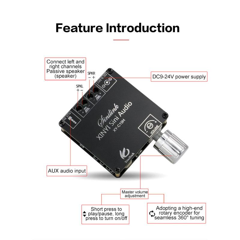 2*20W Bluetooth 5.0 Leistungsverstärker Klasse D Audio 10W~100W Hifi Stereo Kabelloser Musikplayer Mini USB Soundkarte App Digitaler Verstärker