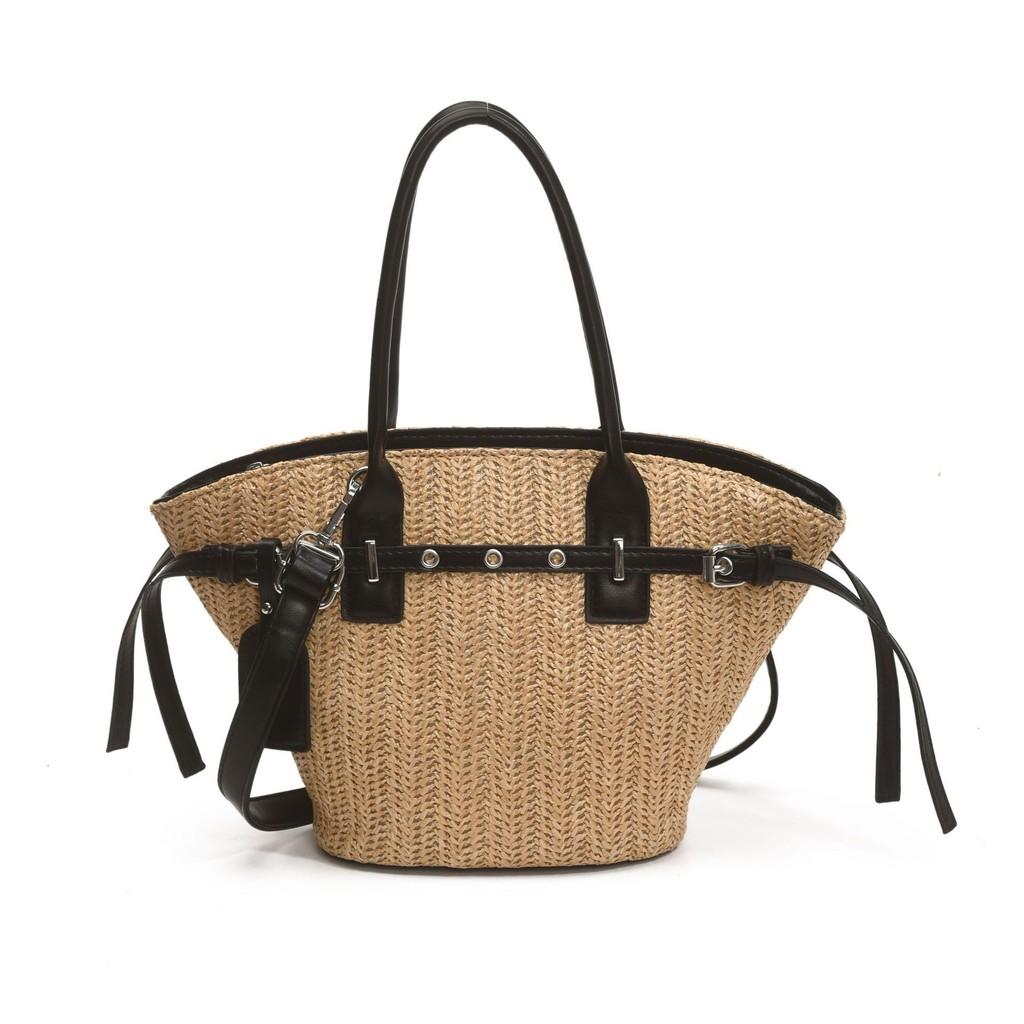 Borsa a Mano da Spalla in Intreccio d'Erba con Chiusura a Zip per Stile Quotidiano