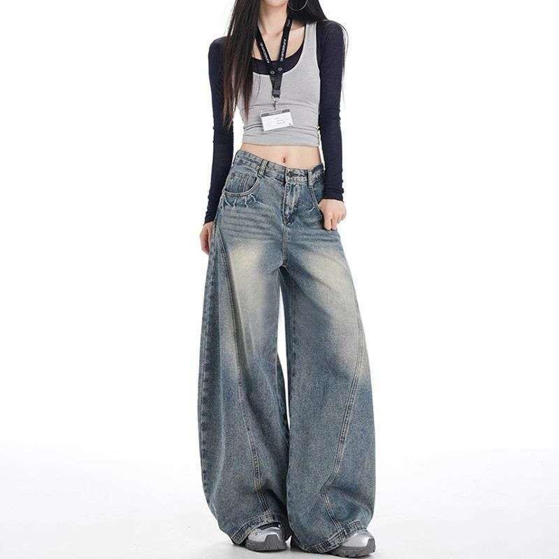 

Women s Retro High-Waist Wide-Leg Jeans - Spring/Autumn Floor-Length Slimming Trend Large