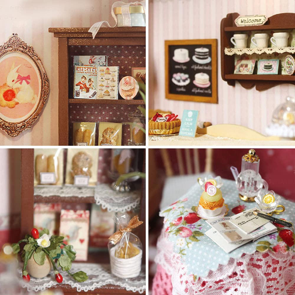 moin moin Dollhouse Miniature DIY Kit Set: Cake Shop, Sweet Berries Time, White Cake, Cafe | Large 1/24 Scale | LED Light + Music Box 2102DH236