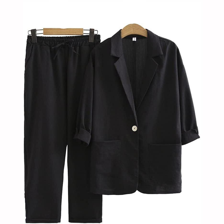 

Женский осенний комплект для поездок на работу из хлопка и льна, куртка, брюки, карманы, свободная модная повседневная одежда XS чёрный