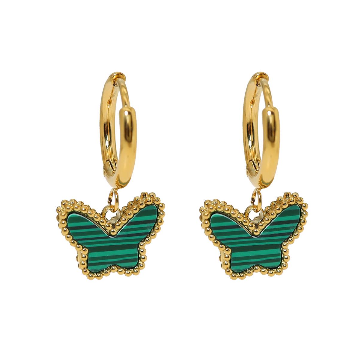 18K Gold Plated Titanium Steel Earrings with Butterfly Design and Inlaid Wood Panel 18K