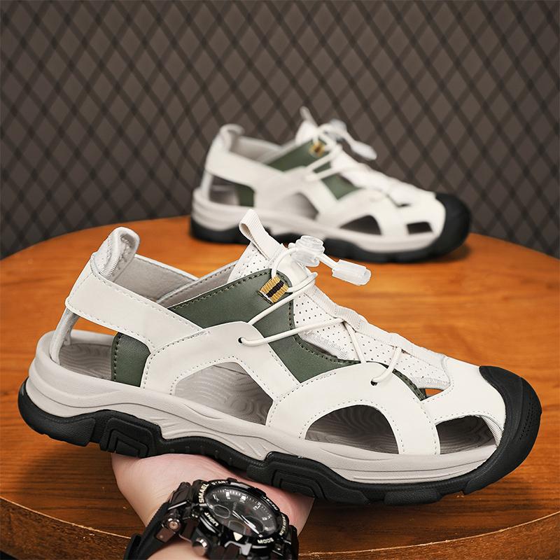 Fashion Anti-collision Toe Summer Shoes Casual Leather Men Sandals Hollow Out Casual Shoes Outdoor Man Beach Shoes All-match Roman Flats