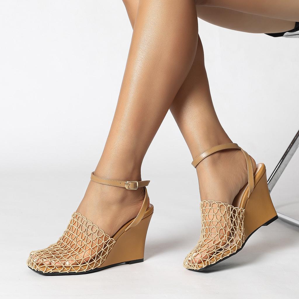 European And American Wedge Heel Flip-Flops With A Sense Of Design Hollowed-Out Woven Fishing Net Shoes Single Shoes