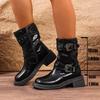 Fashion Vintage Buckle Strap Mid-Calf Boots for Women Brown Pu Leather Motorcycle Combat Shoes Woman Autumn Winter Chunky Heel Booties