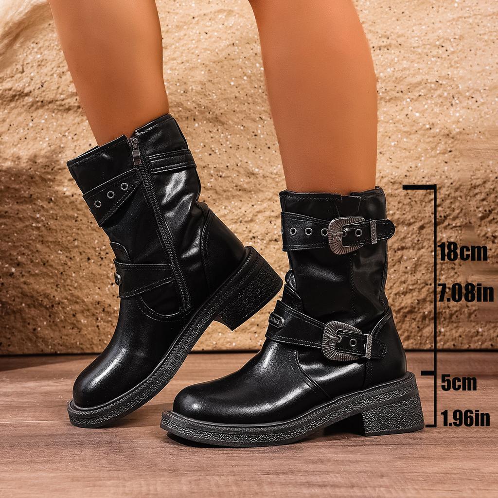 Fashion Vintage Buckle Strap Mid-Calf Boots for Women Brown Pu Leather Motorcycle Combat Shoes Woman Autumn Winter Chunky Heel Booties