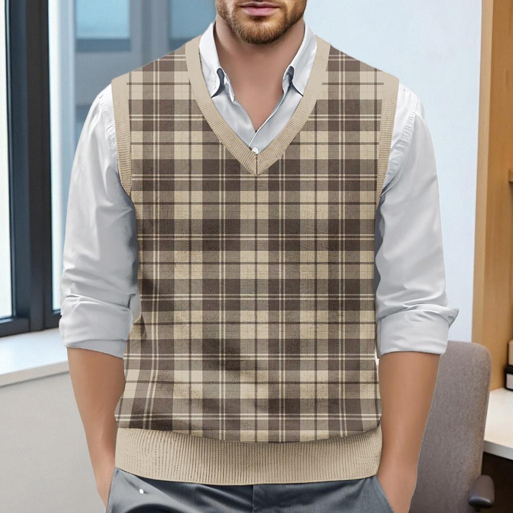 Men's Plaid Printed Sleeveless V-neck Vest Knit Jumper
