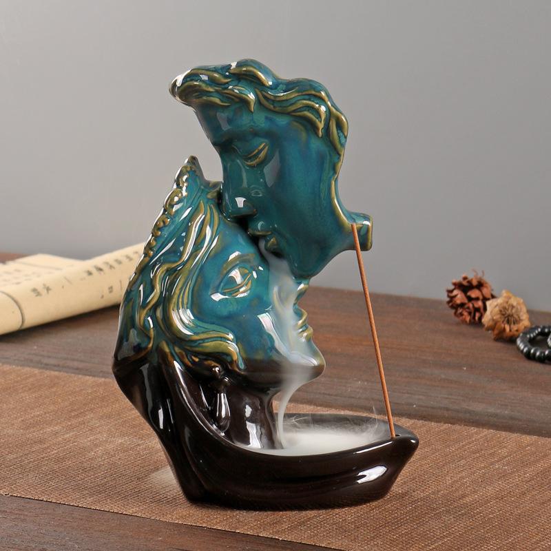 

Ceramic Kiss Backflow Incense Burner Deep Blue Aroma Diffuser Home Decor Ornament