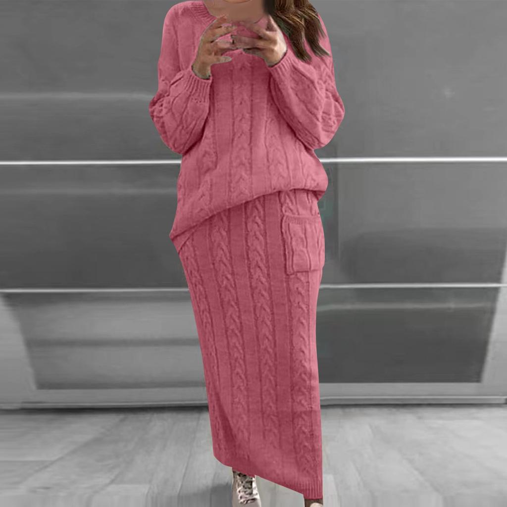 Women Autumn Winter Twist Crop Sweater Hip Skirt Knit Set for Laides Solid Color Slim All Match Two Piece Set