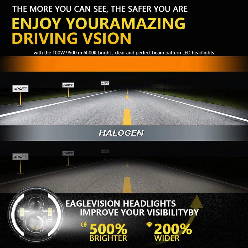 1Pcs 7 Inch Car Motorcycle LED Headlight with DRLCelsiusTurn SignalCelsiusLow BeamCelsius  7   Round Headlight 6000K 100W IP67 Waterproof