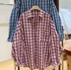 We1116 Herbst Neu Damen Revers Japanisches Baumwollhemd Lockeres Hemd Kariert Retro Literarischer Stil Ins