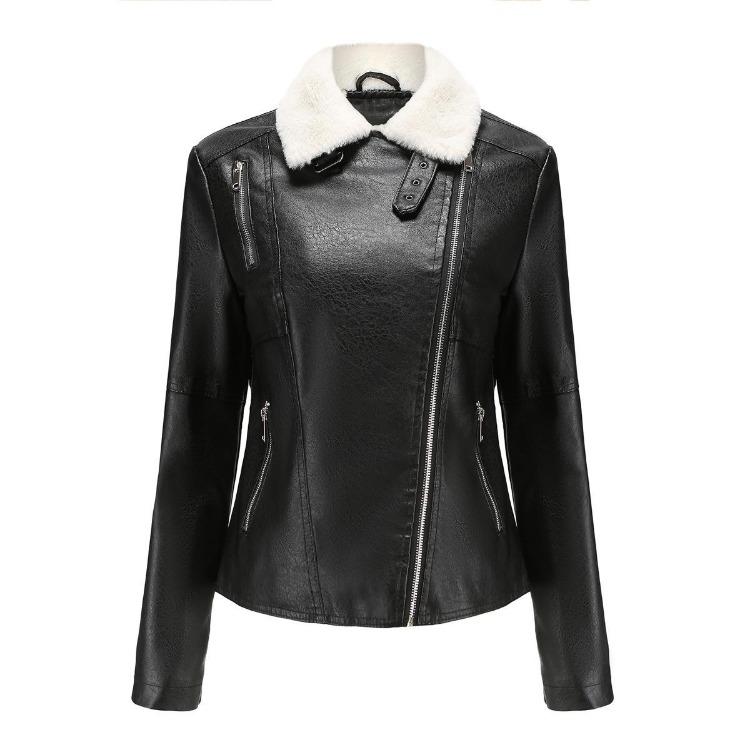 Women Fashion Slim Fit Pu Leather Jacket Long Sleeve Lapel Collar Zipper Fall Winter Coat