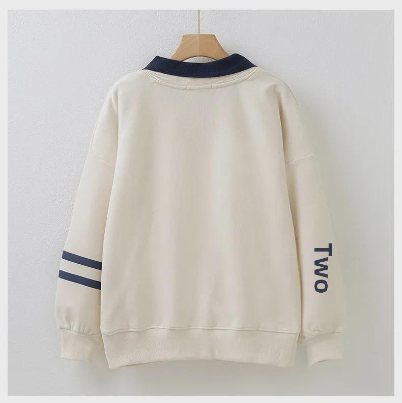 Bluză de fete în stil academic, falsă din două piese, cu guler polo, plus catifea pentru toamnă/iarnă - Top cu mâneci lungi pentru eleve de gimnaziu