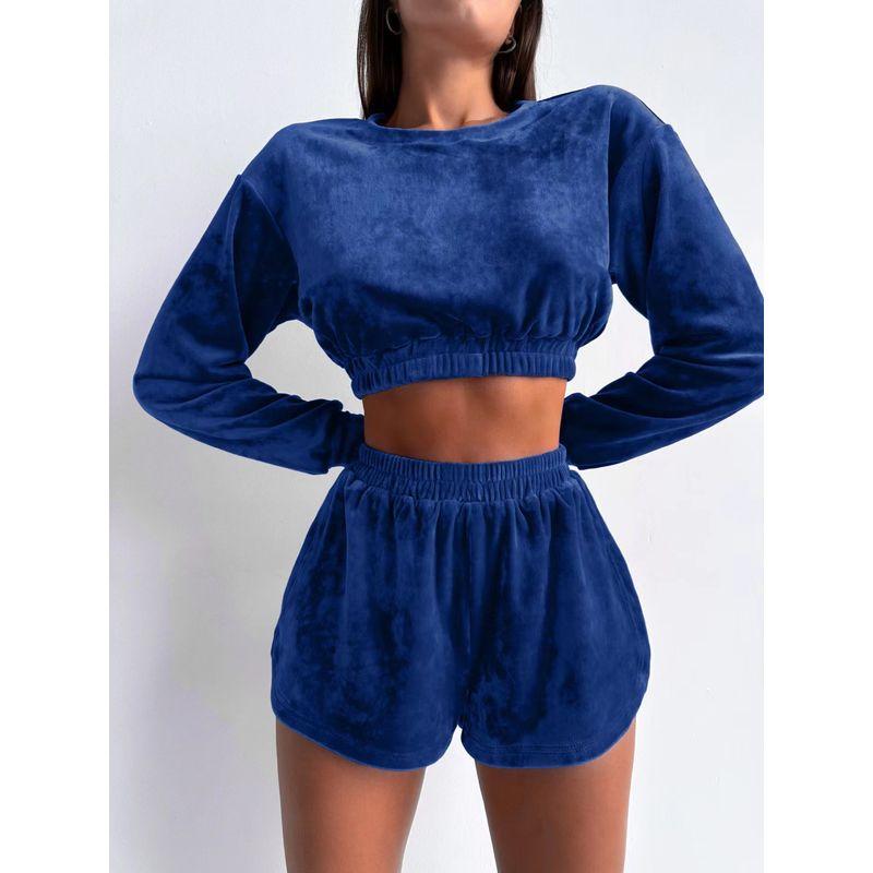 

Fashion Wind New Arrival Velvet Sweet Long Sleeve Tops Shorts Suit Velvet Top and Shorts Set Blue L