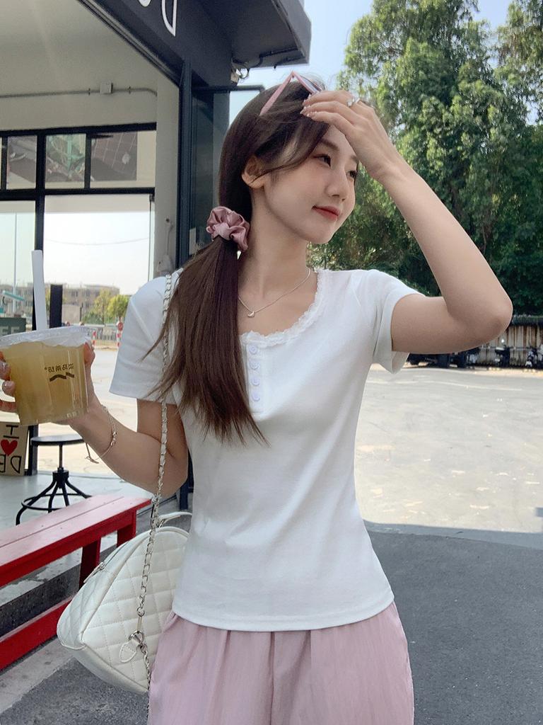 Pure Lace Low Crew Neck Short Sleeve T-Shirt Women's Summer New Clavicle Button Slim Fit Bottom Shirt Top