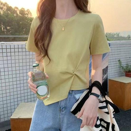 Frauen T-shirt Unregelmäßigen Saum Einfarbig Knoten Dekor Rundhals