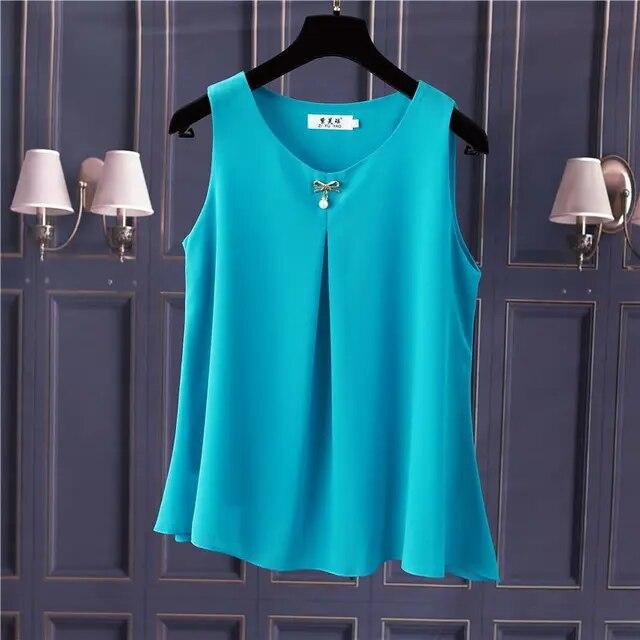 Women Chiffon Shirt Summer Sleeveless O-neck Blouse Casual Solid White/Red Loose Oversized Female Tops