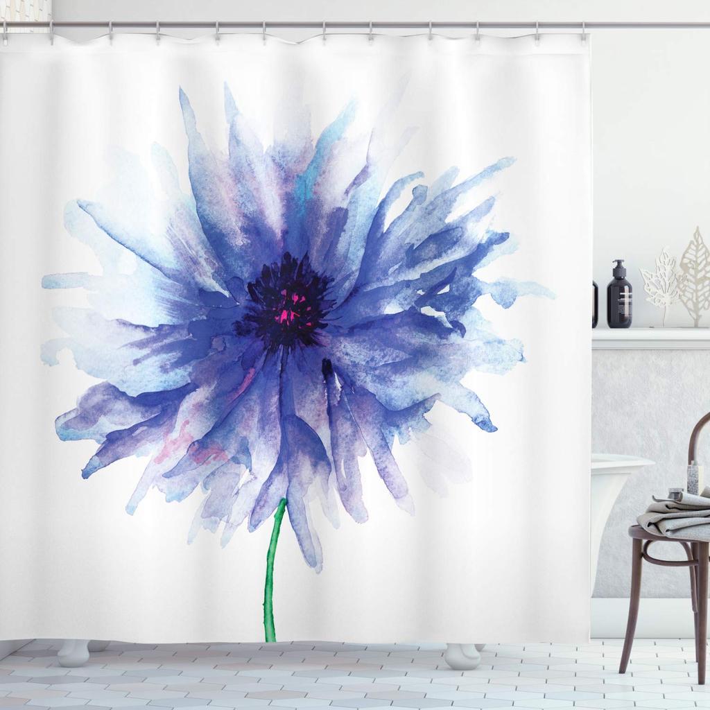 Blue Floral Shower Curtain Watercolor Flower Bath Curtain Polyester Fabric Waterproof Bathroom Curtains with Hooks Bath Screen