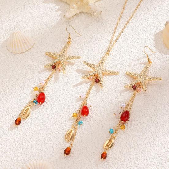 Bohemian Sea Star Shell Jewelry Set Beach-Inspired Necklace Earrings with Rhinestone Tassels Elegant Gift for Women Summer Beach Jewelry