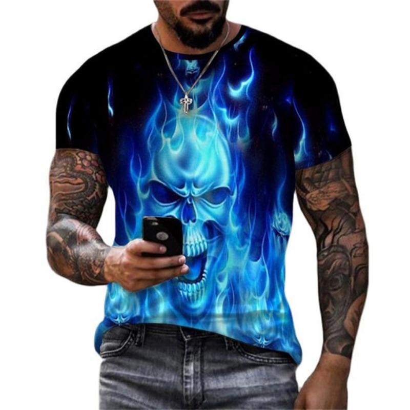 Summer Men's Fashion Trend New T-shirt 3D Flame Skull Digital Print Hip Hop Loose Street Clothing Casual Daily Round Neck Top