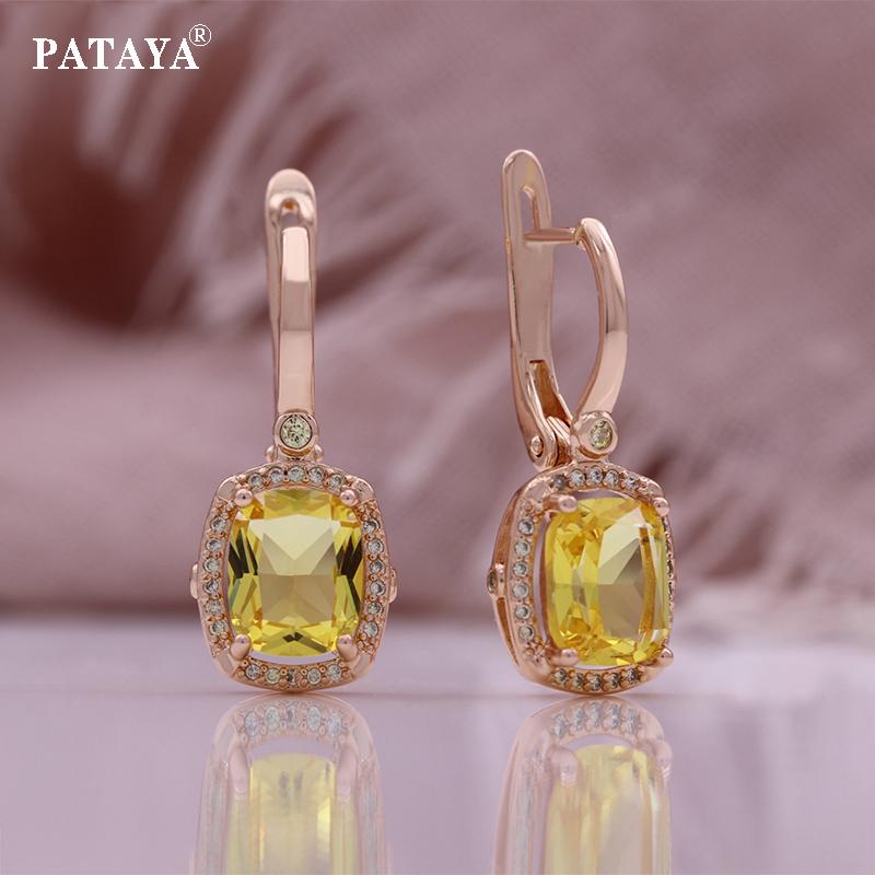 PATAYA Conjunto Retangular de Zircônia Artificial Amarela com Microcravação na Cor Ouro Rosa