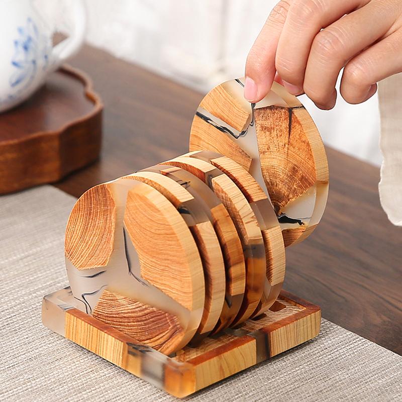 Wood Resin Coasters with Holder Set Coffee Coasters Unique Drink Coasters for Coffee Table Home Decoration Wooden Tea Coaster