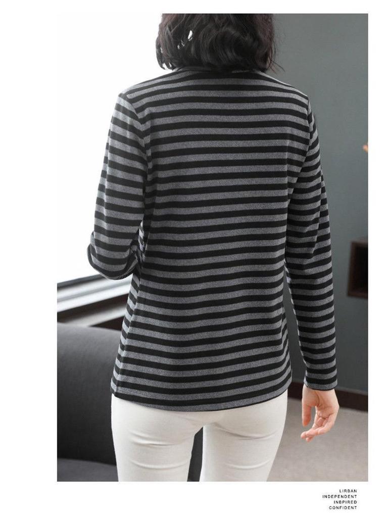 2024 Damen Übergröße Gestreiftes Samt-Oberteil mit hohem Kragen und langen Ärmeln für Herbst & Winter