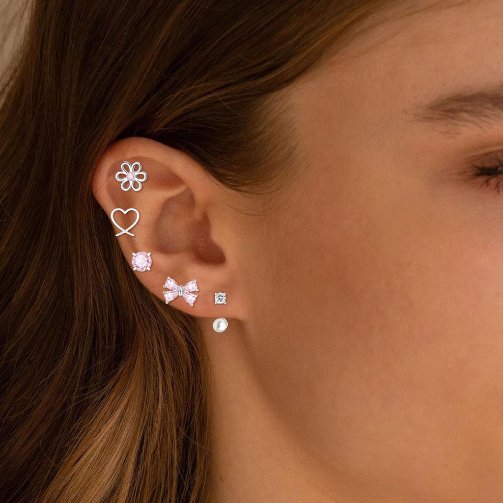 Cute Bowknot Butterfly Heart Flower Studs Surgical Steel Earrings Allergy Resistant for Sensitive Ears with Screw Back