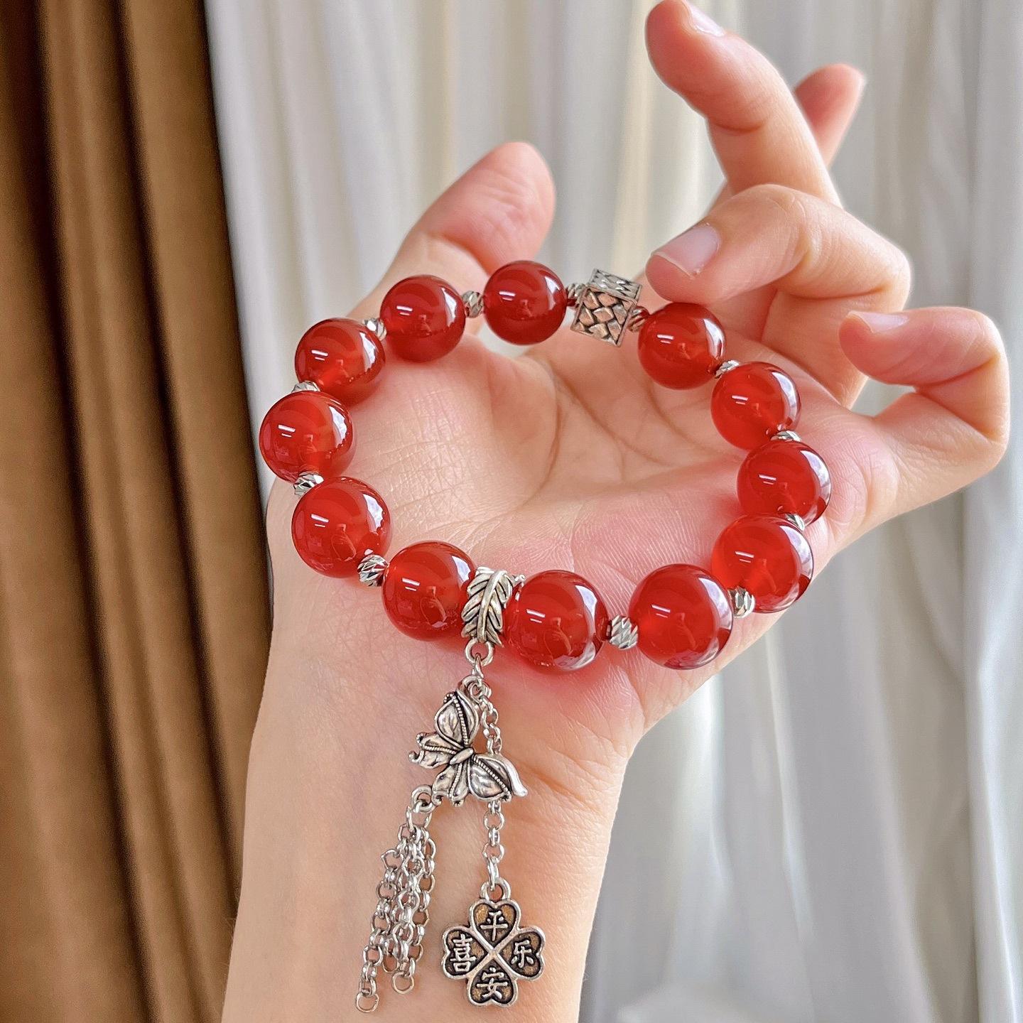 12Mm New Year S Red Autumn And Winter Natural Ice Hydrating Chalcedony Agate Fringed Bracelet Bracelet