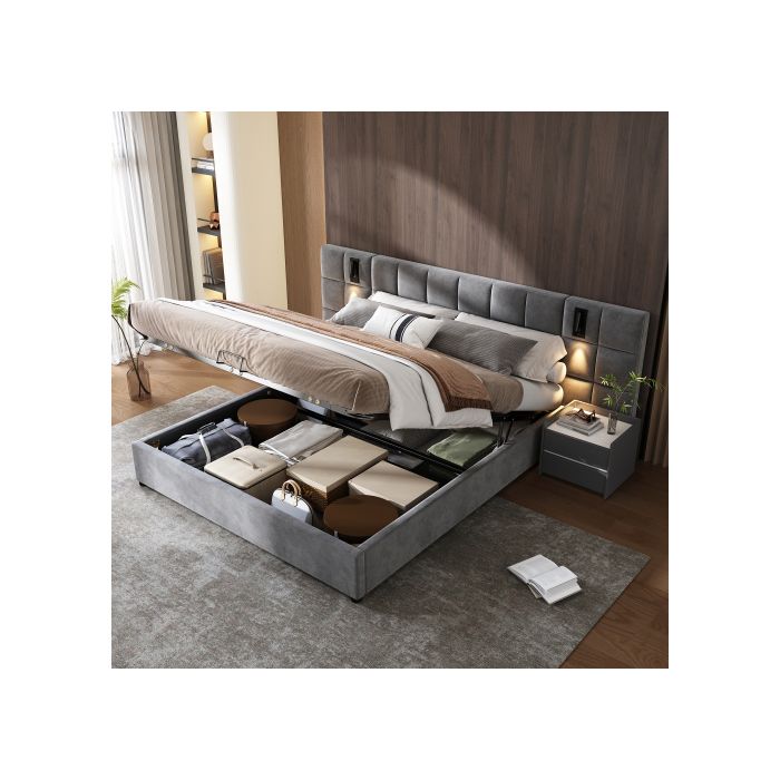 Lit Rembourré - MUVOE - 140x200 Cm - Gris - Rangement Hydraulique - Liseuse USB