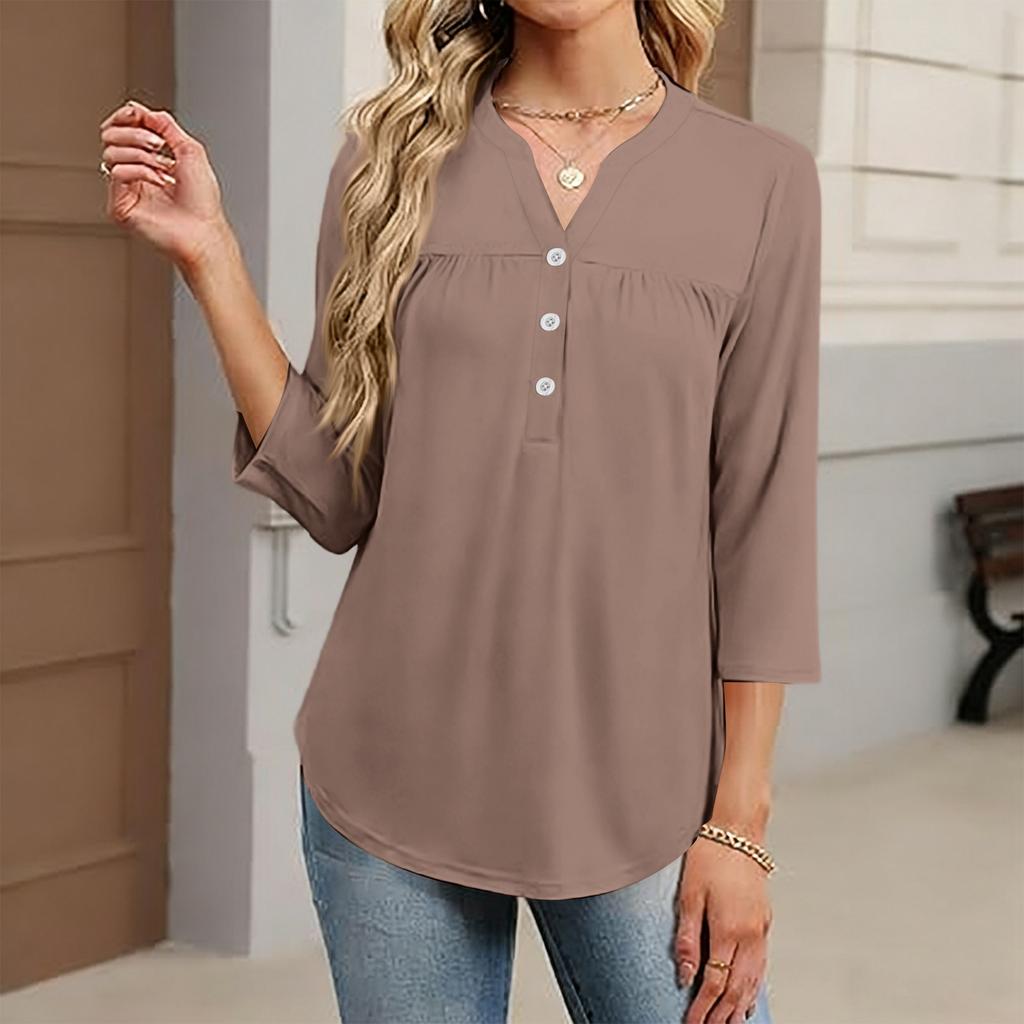 Women's Fashionable Casual Color V-Neck Decorative Button Three-Quarter Sleeve T-Shirt Top
