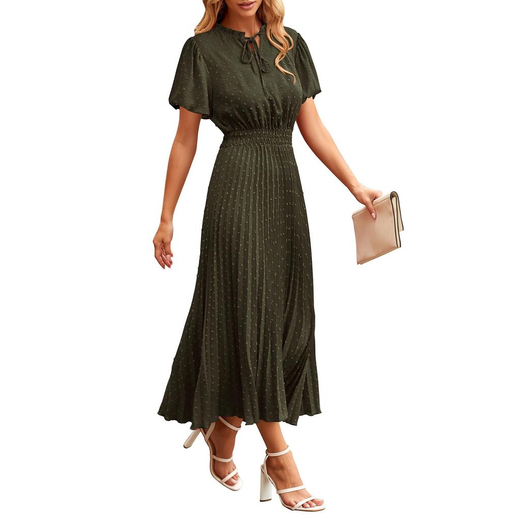 Women's Summer Fashion Loose V-Neck Short Sleeve Tie Solid Color Dresses