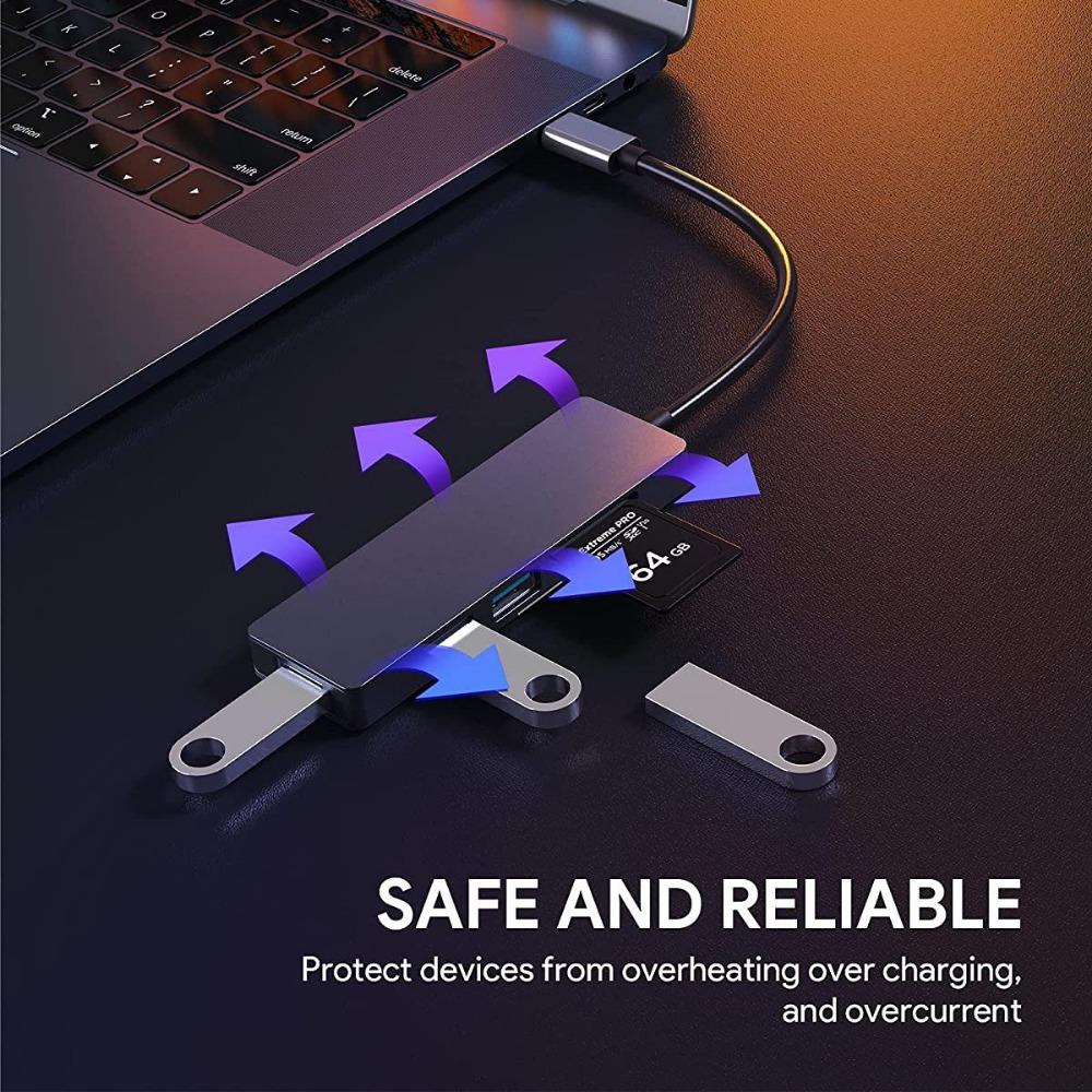 5 in 1 USB C Hub with SD TF Card Reader USB 3 0 and 2 0 Ports Compact Type C Adapter for Laptop MacBook