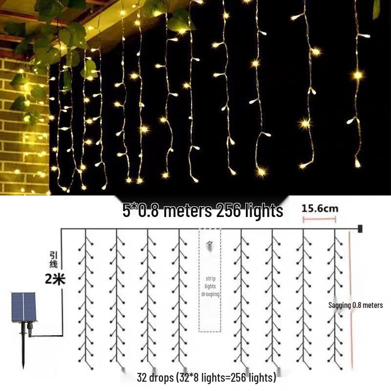 Solar LED Color Waterfall Curtain Lights - Outdoor Waterproof Decorative Christmas Icicle Lights