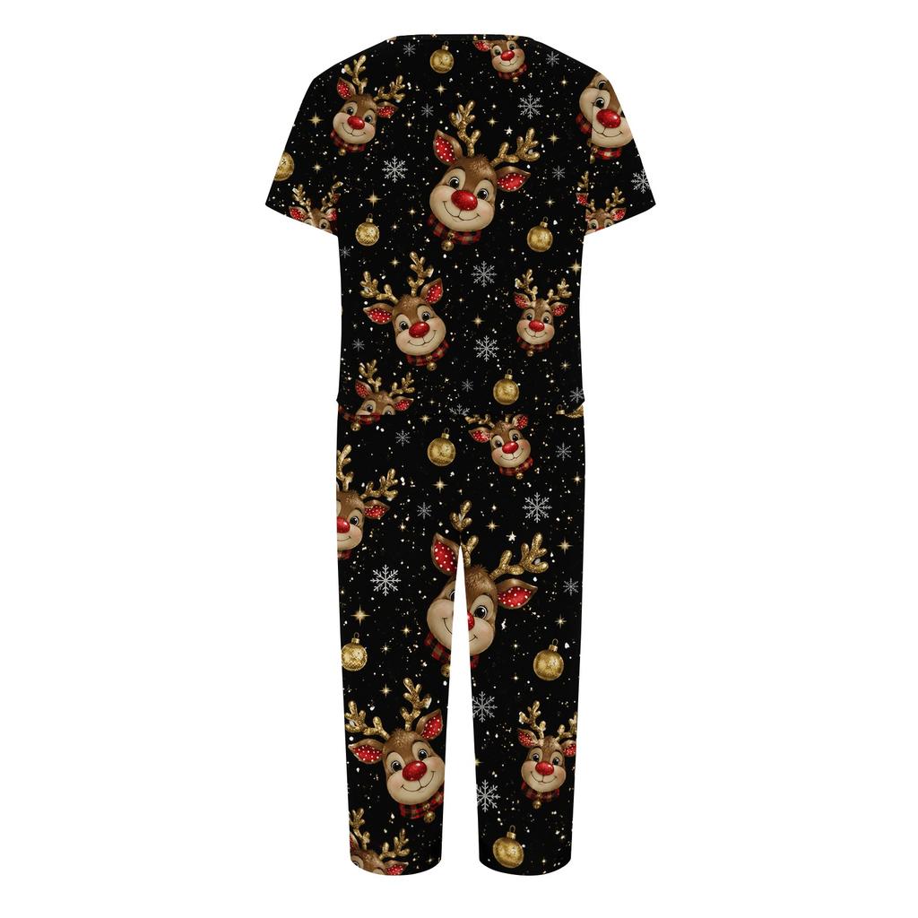 Women's Casual Christmas Print Two Piece Athletic Set Short Sleeve Top and Pants