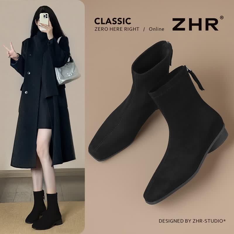 ZHR Women s Elegant Square Toe Fleece-Lined Slim Ankle Boots 36