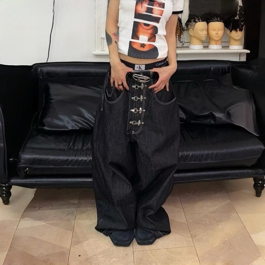 ZYLLO Metal Buckle Design Curved Wide-leg Jeans High Waist Straight Baggy Denim Pants Vintage Street Style Trouser