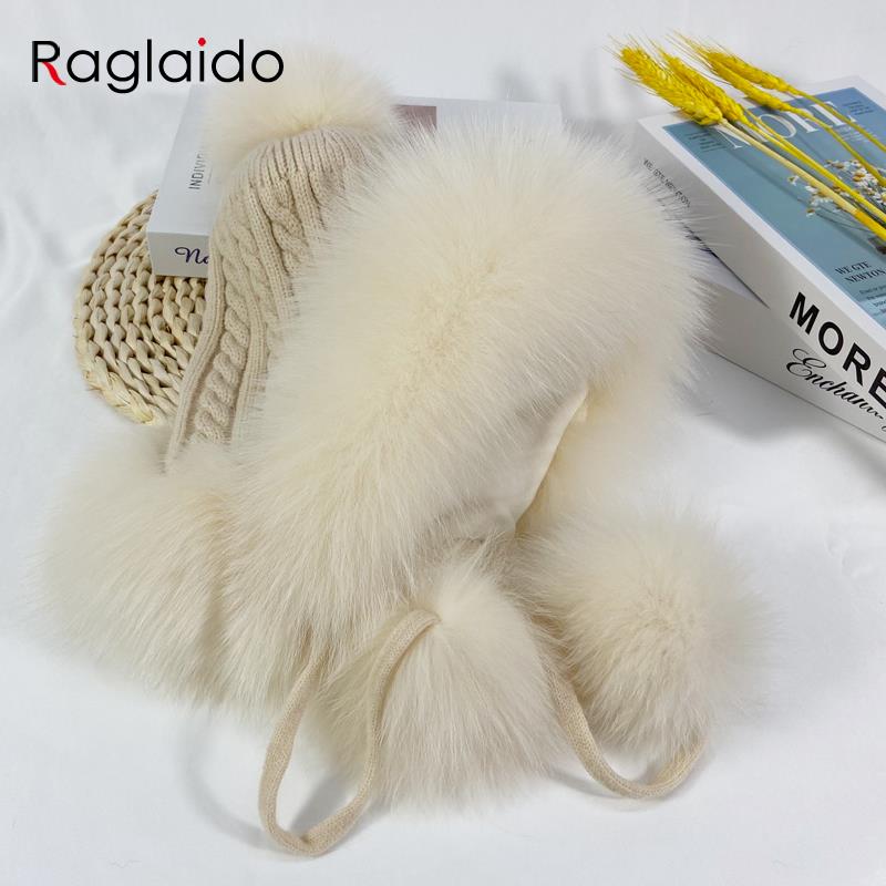Winter Hats Women Natural Fox Fur Fuffy Warm Fashion Stylish Knitted Pompom Girls Fur Hat