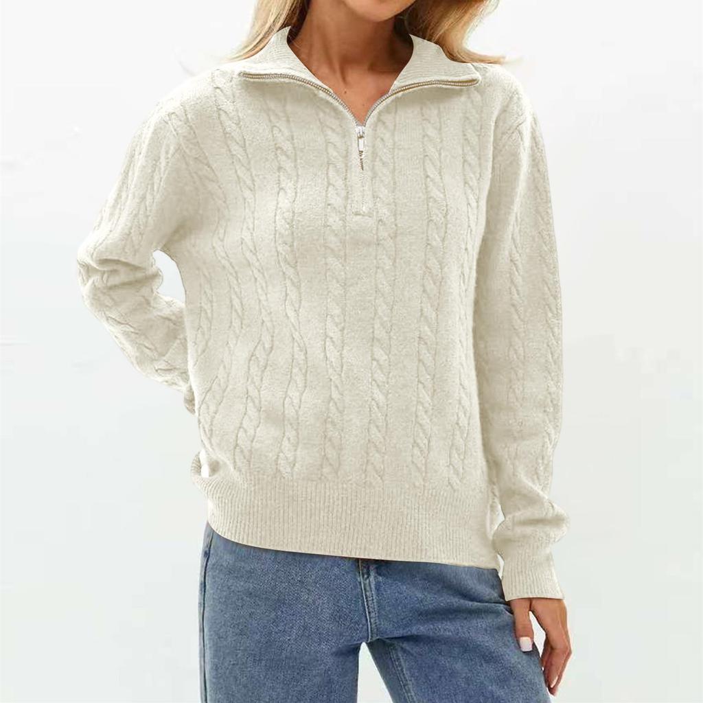 Women's Fashion Casual Loose Lazy Versatile Short Retro Cable Half Zip Long Sleeve Knit Sweater Pullover Sweater