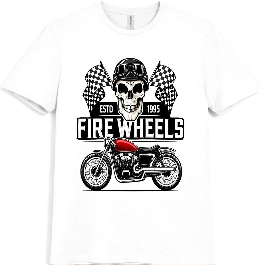 Motorcycle T Shirt Skull Rider Fire Wheels Biker Vintage Racing Graphic Tee 3XL
