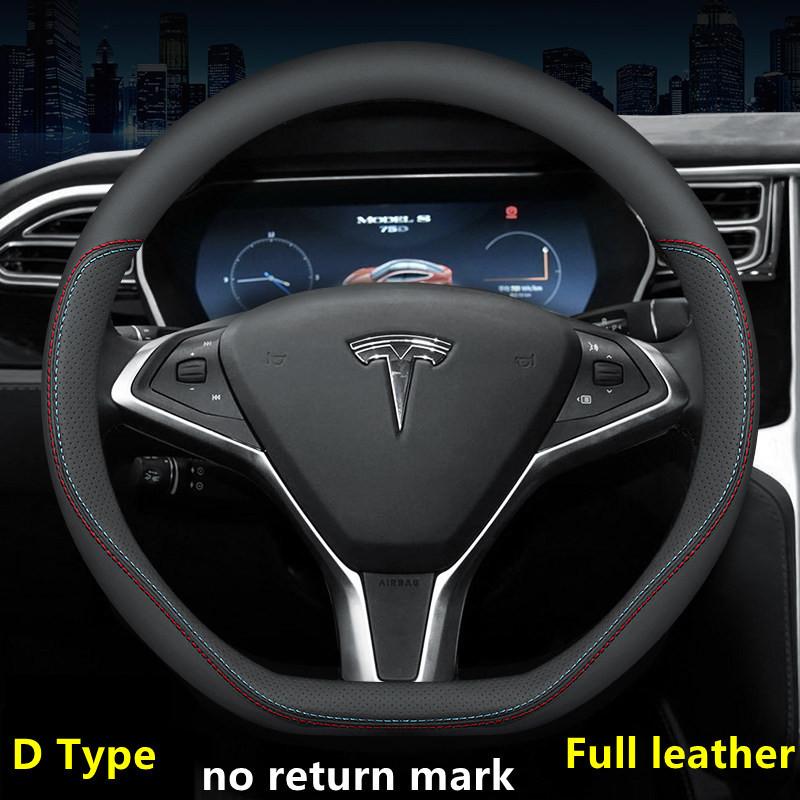 Steering Wheel Cover For Tesla Model 3 Y S X Nappa Leather 4 Seasons 36-39 CM Diameter Black Car Interior Accessories 2017-2024