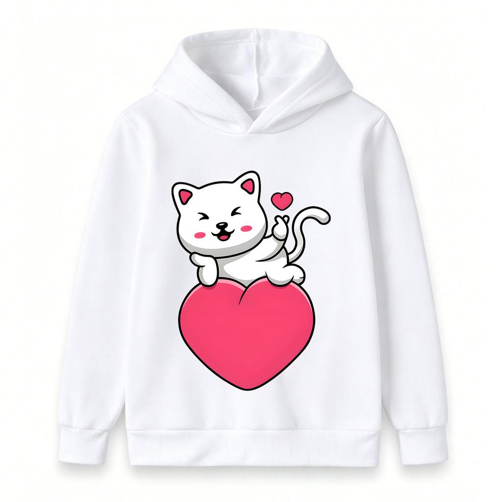 Kids Boys Girls Pullover Hoodie, Cute White Cat Blowing Kiss Print Warm Casual Hooded Sweatshirt for Daily Wear Gift for Cat Lovers, Soft