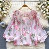 2024 Early Spring New Top Women Sweet Frill V-neck Design Sense Pleat Lantern Sleeve Printed Chiffon Shirts