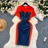 New Trendy Casual Dress Women's Contrast Vintage Denim Panel Short Sleeve Slim Fit Pencil Dress