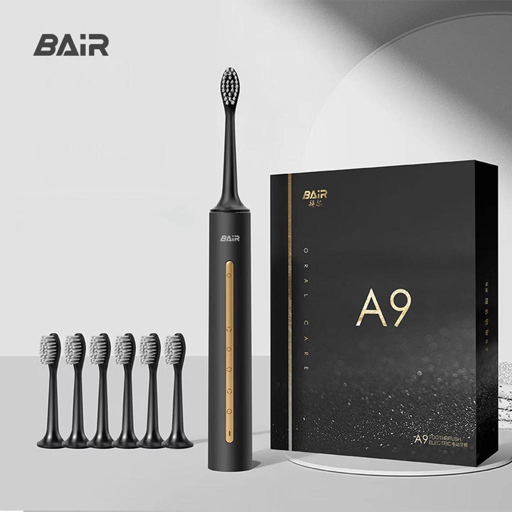 BAiR Electric Toothbrush for Adults, Sonic Rechargeable Vibrating Soft Bristles Smart Automatic Toothbrush, Black (Deluxe Version with 6 Brush Heads)