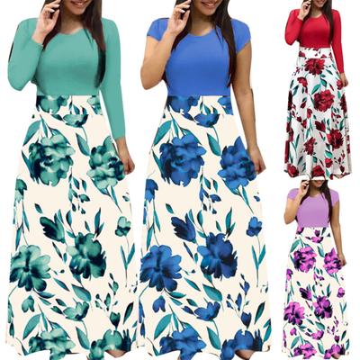 Women O Neck Long Short Sleeve Floral Print Large Hem Waist Tight Maxi Dress