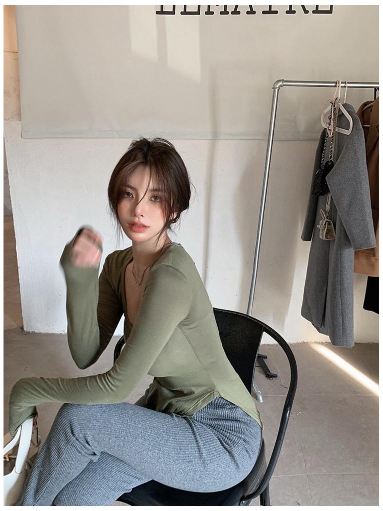 Grünes Damen Langarm Unregelmäßiges Crop Top - Herbstausgabe